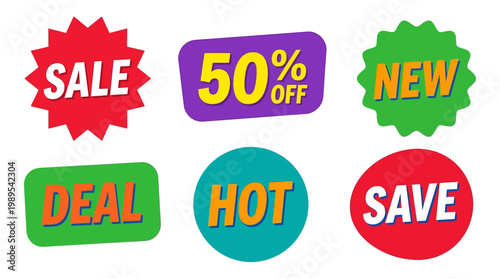 Collection of colorful discount sale stickers.