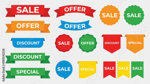 Collection of colorful sale and offer stickers.