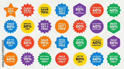 Colorful sale discount stickers and labels.