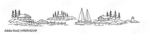 Nordic archipelago scene with twin sailboats, docks and cottages for poster, banner and background design