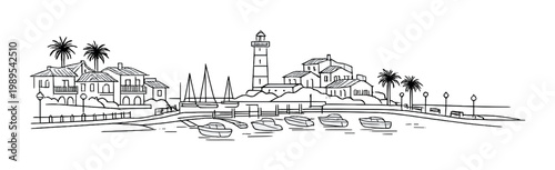 Coastal marina lighthouse harbor line art background with boats palm trees promenade for design poster banner