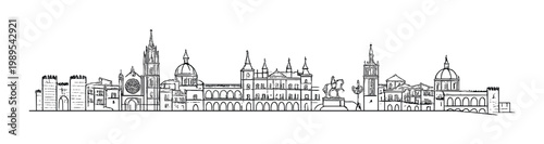 Historic european palace and cathedral skyline line drawing in monochrome for background, banner, poster and editorial design