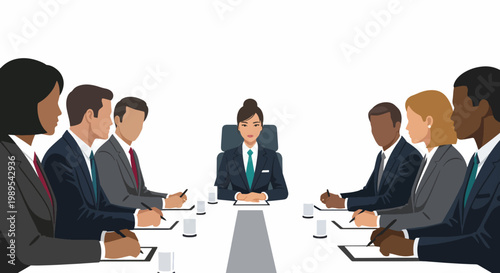 Illustration of a diverse group of business professionals sitting around a conference table in a formal meeting with a leader at the head.
