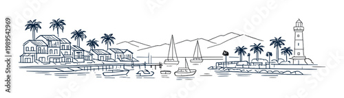 Coastal marina scene with sailboats, palm trees and lighthouse for background, poster and travel brochure design