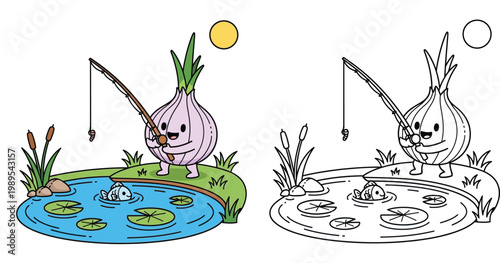 Cute Cartoon Onion Character Fishing by a Pond Illustration and Coloring Page for Kids