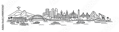 Coastal city skyline with mountains, bridge and waterfront boats for background, banner and poster design
