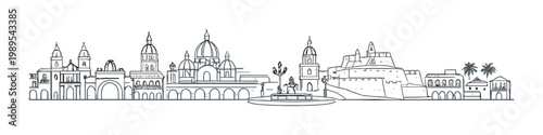 Historic colonial city skyline with domes fortress and central fountain for background, poster and banner design