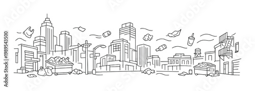 Urban skyline litter and pollution scene with overflowing dumpsters and scattered trash for environmental poster design and background use