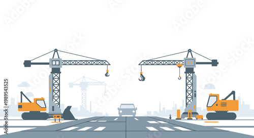Flat Vector Illustration of a Modern Road Construction Site with Tower Cranes, Excavators, and City Skyline