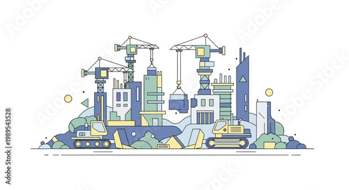 Construction Site Illustration with Cranes and Buildings, Urban Development Concept Flat Vector Art