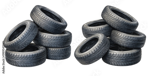 A charming watercolor collection of car tires featuring stacked rubber wheels with detailed tread patterns illustrated in a realistic industrial style