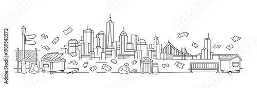 Urban skyline with bridge and overflowing bins and scattered litter along waterfront for environmental campaign poster design and background use