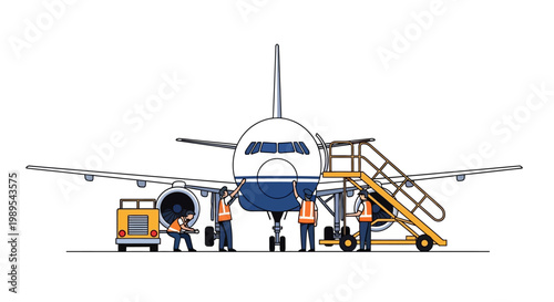 Airport Ground Crew Maintenance and Aircraft Service Illustration with Commercial Airplane and Personnel in Safety Vests