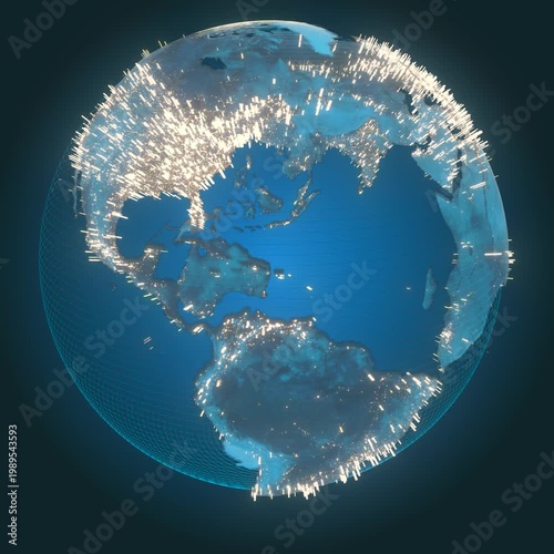 Animation of spinning globe of the Earth planet from glowing blue particulars on dark background, 4K seamless loop earth globe animation