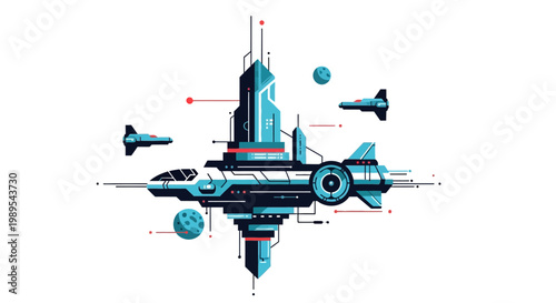Futuristic Spaceship and Space Station Flat Vector Illustration - Sci-Fi Galactic Exploration Concept Art