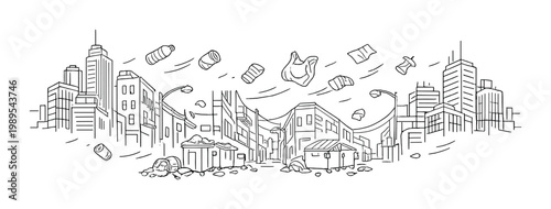 Urban litter and pollution city skyline alley background for environmental awareness poster design and waste reduction campaign