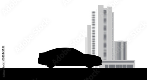Minimalist Silhouette of a Sedan Car with a City Skyline Background, Urban Transportation and Mobility Concept Illustration