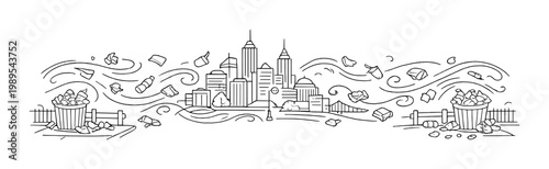 City skyline with overflowing bins and litter swirling in wind for environmental awareness poster design and waste management campaign background