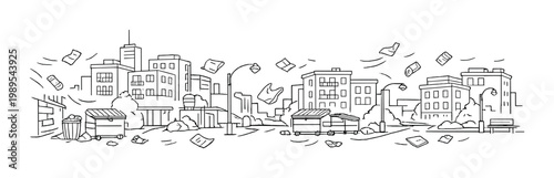 Neighborhood litter and urban waste street scene background for environmental awareness poster design and community cleanup campaign materials