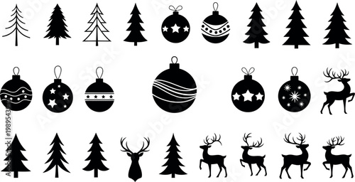 Black silhouette christmas trees baubles and reindeer on white background christmas tree silhouette