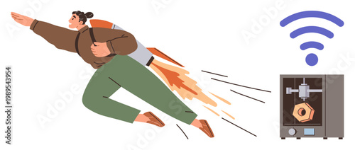 Innovation, technology, wireless connectivity, 3D printing, futuristic development, creativity. Person flying with jetpack near 3D printer and wireless symbol. Innovation and technology concepts