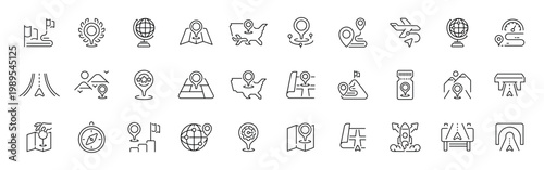 Travel and navigation outline icon set: editable stroke map and globe symbols in thin line style