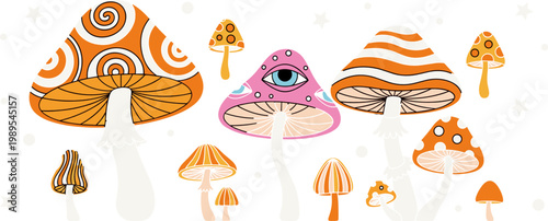 Cartoon Mushroom Illustration Set Featuring Cute Fantasy Fungi with Patterns and One Eyed Character for Kids Nature, Magic, and Whimsical Design Projects