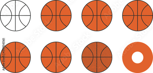 Cartoon collection of basketball illustrations showing progressive coloring stages, textured details, and stylized sports ball designs for creative projects