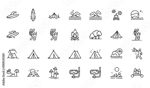 Beach camping outdoor activities linear icon set vector