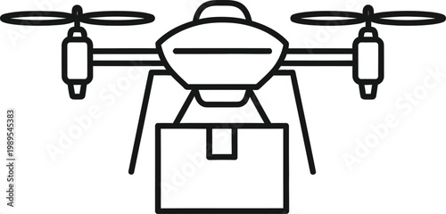Drone Delivery: A sleek drone, meticulously illustrated, hovers mid-air, carrying a package and symbolizing the future of fast, efficient delivery service.
