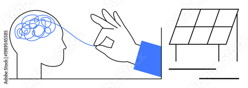 Mental clarity, energy efficiency, renewable solutions, goal setting, decision-making, focus. Simplified hand untangling brain and solar panel design. Mental clarity and renewable solutions concepts