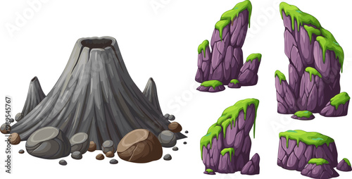 Cartoon Volcano and Rock Cliff Vector Set with Lava Mountain, Stone Formations, and Moss Covered Cliffs for Game Assets, Nature Scenes, and Fantasy Design