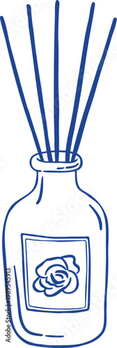 Hand drawn glass aroma diffuser bottle with reeds for spa designs. Doodle aromatherapy vector illustration