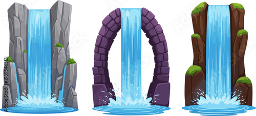 Cartoon Waterfall Vector Set with Rock, Stone Arch, and Cliff Cascades, Flowing Water Streams for Nature Scenes, Game Assets, and Fantasy Landscape Designs