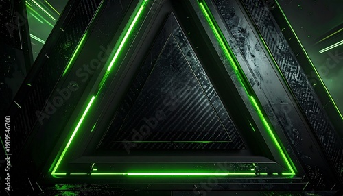 Sci fi Dark Triangular Grid with Green Neon Lights