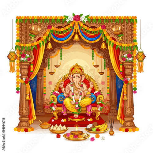 Ganesha festival mandap with idol and offerings
