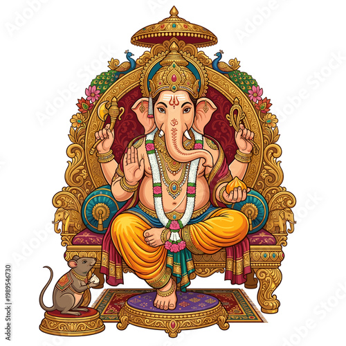 Ganesha seated on an ornate throne with his mouse vahana