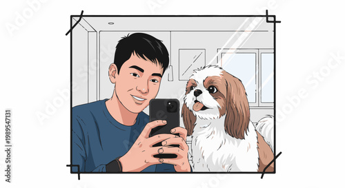 A young man takes a selfie with his fluffy dog in a brightly lit room