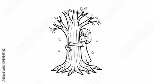 A girl hugs a tree with falling leaves