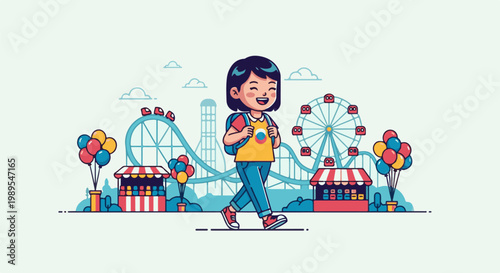 Happy child walks through an amusement park with rides and stalls