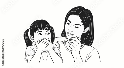 A child coyly covers mouth while adult offers spoonful of liquid