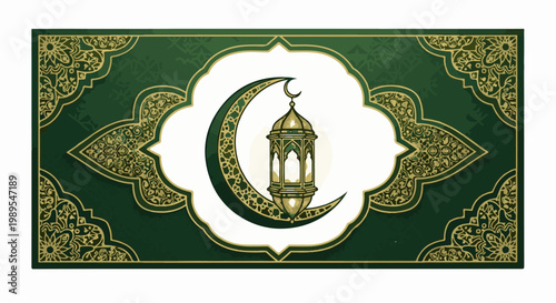 Ornate green and gold Islamic crescent moon with lantern design