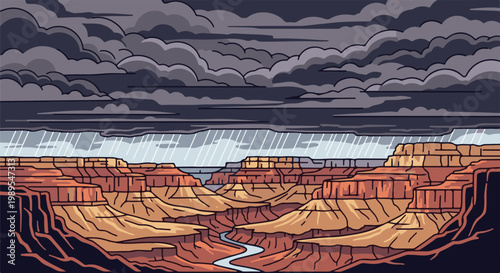 Pixel art depicts a stormy day over a vast canyon with a winding river below