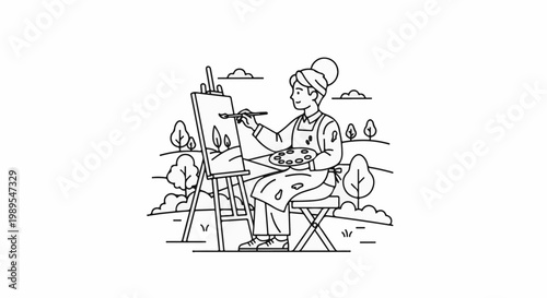A stylized line drawing of a person painting a landscape outdoors