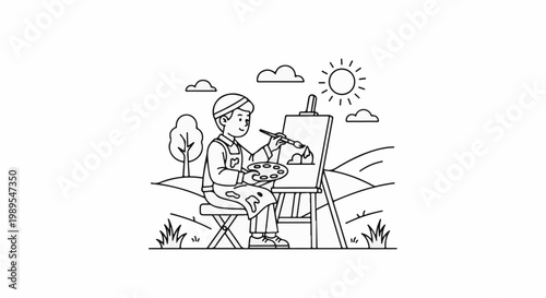 Young artist painting a landscape on an easel outdoors under the sun