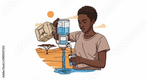 Young person collects water from filter in arid landscape