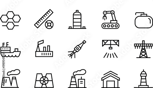 Industrial production and energy icon set featuring factory oil refinery power plant construction and engineering outline vector symbols