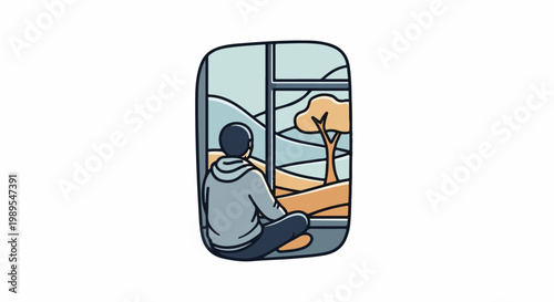 Person meditating at window looking at serene landscape with rolling hills