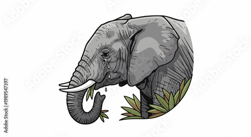 Sad elephant eating green leaves with tears in eyes