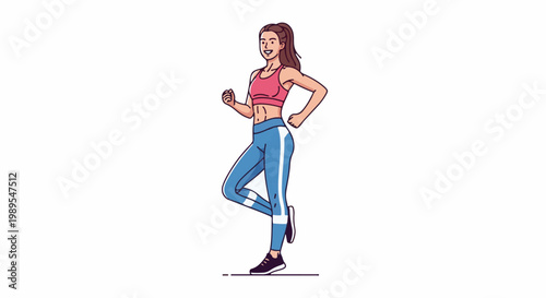 A fit woman in athletic wear jogs gracefully on a white background